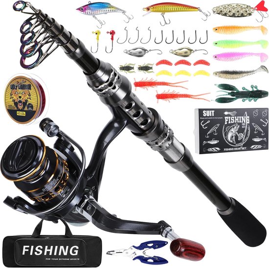 2.1M Carbon Fiber Telescopische Vissershengel - Hengel en Spin Reel Combo Set met 13+1 Lagers en Lure Kits - Vissersuitrusting Cadeaus voor Zoutwater en Zoetwater Gebruik van Merkloos