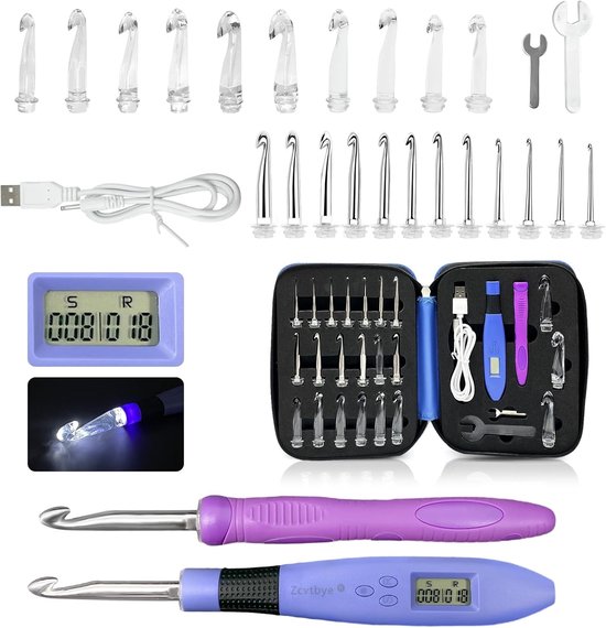 22-in-1 LED haaknaaldenset met teller, 22 maten (0.3-1.5 cm), kunststof, paars, inclusief opbergtas voor haken en breien