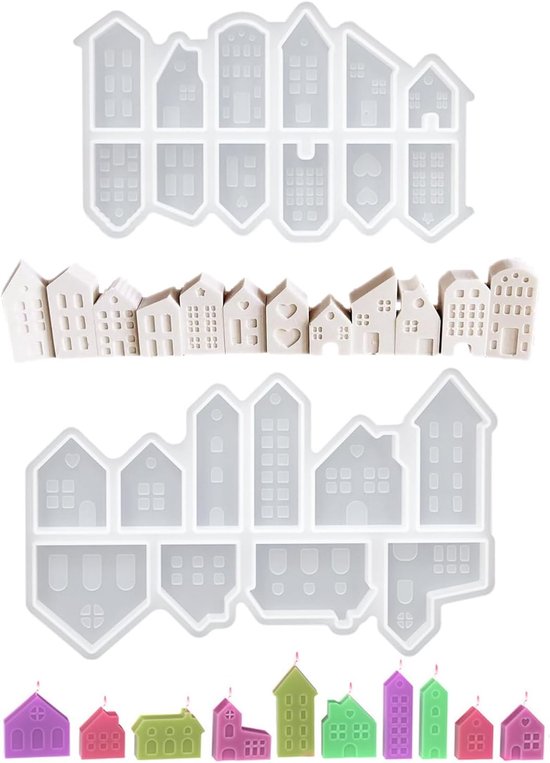 22 stuks siliconen vormen voor huizen, kandelaars, mini-gietvormen voor Kerstmis, doe-het-zelf, epoxyhars, zeep, gips