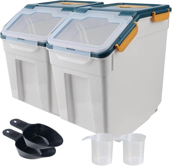 22,7 kg meel opslagcontainer met deksel, 2 stuks grote luchtdichte rijstopslagcontainer met wielen, maatbeker, schep, voor suikergraangranen droogvoer, rijstdispenser, voorraadkast organisatie