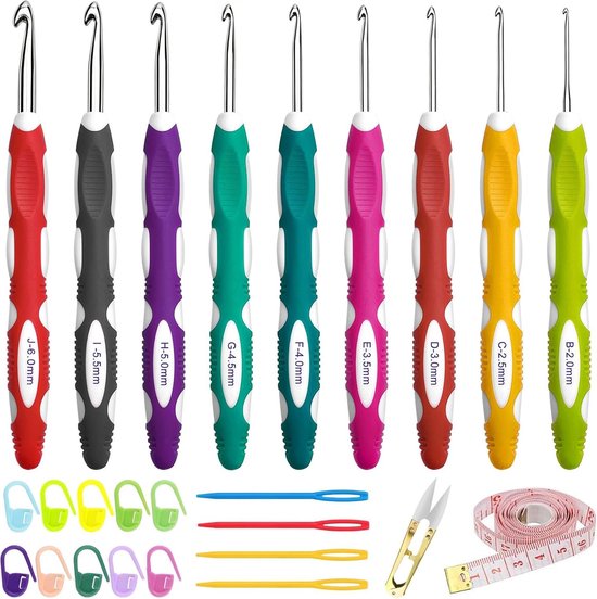 24-delige haaknaaldset met ergonomische handgreep, 9 maten (2mm-6mm), inclusief haakaccessoires, perfect voor beginners, volwassenen en kinderen