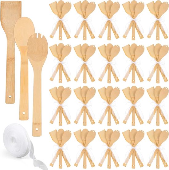 24 Sets Bamboe Spatel Bamboe Keukengerei 30 cm Platte Handvat Bamboe Wok Spatel Met Fishtail Lint Voor Keuken Koken Verjaardag Bruiloft Baby Shower Housewarming Party Gift