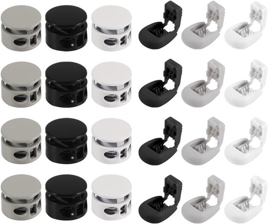 24 Stuks Metalen Koordstopper met 2 Gaten en Koord Eindstukken voor Kleding, Touwtjes, Rugzakken en Veters in Zwart, Wit en Grijs