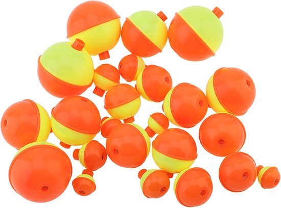 24 stuks vissen dobbers drijvers - drukknop ronde boei - klikbare ronde drijvers - oranje/geel verschillende maten - visgerei accessoires - vissen - dobbers van Merkloos