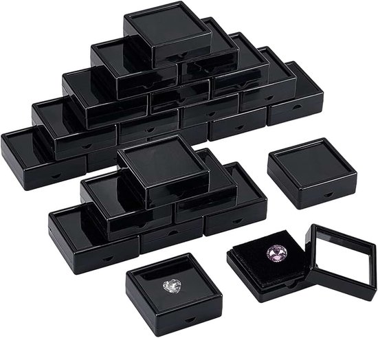 24 stuks zwarte edelsteen display doos, 5,05 x 5,05 x 2 cm sieraden doos container met heldere top deksels voor edelstenen, festival bruiloft sieraden verpakking