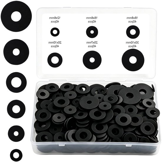 240 stuks rubberen sluitringen in 6 diameters - Assortiment platte sluitringen voor bevestigingen en borgringen