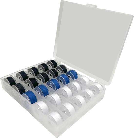 25 10Wit+5blauw+10Zwart Bobbin schroefdraadspoelen,Naaimachine Spoeldraden, Pre-Wound Spoelen Set met opberghoes,Naaimachine DIY Borduurgaren Naaigaren For Singer Sewing Machine