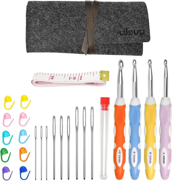 25 Haaknaalden Set met Ergonomische Handvatten, Aluminium Breinaalden, Meetlint en Kleurige Markeerclips voor Creatief Breien en Haken