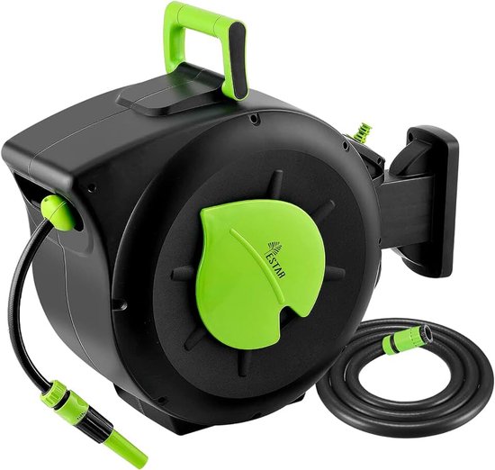 25 m + 2 m, wandmontage slangbox met automatische oprolfunctie en 180° draaibaar, inclusief spuit en montagehulp, voor tuinirrigatie en autowas