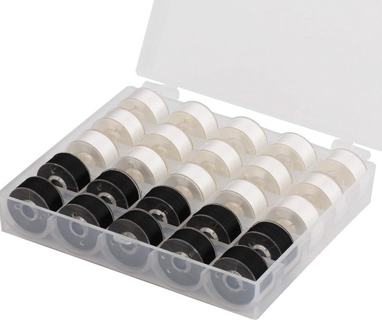 25 Stuks Prewound Bobbin Draad in Wit en Zwart, Maat A, 60WT voor Broderie en Naaiwerk met Opbergdoos