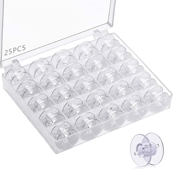 25 stuks - Spoel - Naaimachine spoel - Naaigaren Opbergbox - Spoeltjes voor naaimachines - Kunststof spoel - Organizer Naai Spullen - transparante plastic spoeltjes met spoelhuis - naaimachine accessoires - 2*2*1 cm - transparant