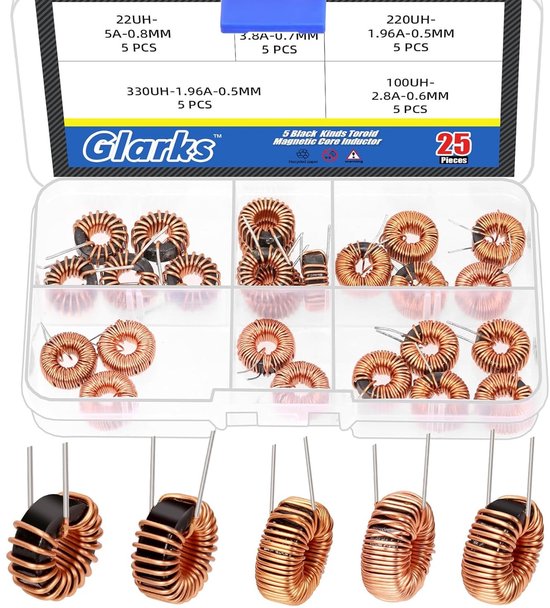 25 Stuks Toroid Kern Inductor Kit met 5 Maten, 22UH-5A, 47UH-3.8A, 220UH-1.96A, 330UH-1.96A, 100UH-2.8A - Inductieve Koperen Spoelen voor Transformatoren en DIY Circuitborden