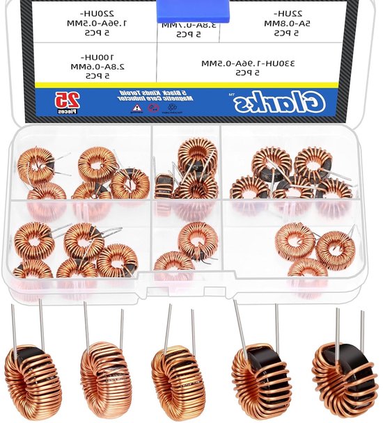 25 Stuks Toroid Kern Inductor Kit met 5 Maten - 22UH-5A, 47UH-3.8A, 220UH-1.96A, 330UH-1.96A, 100UH-2.8A - Koper Spoelen voor Transformatoren en DIY Circuitborden van Merkloos