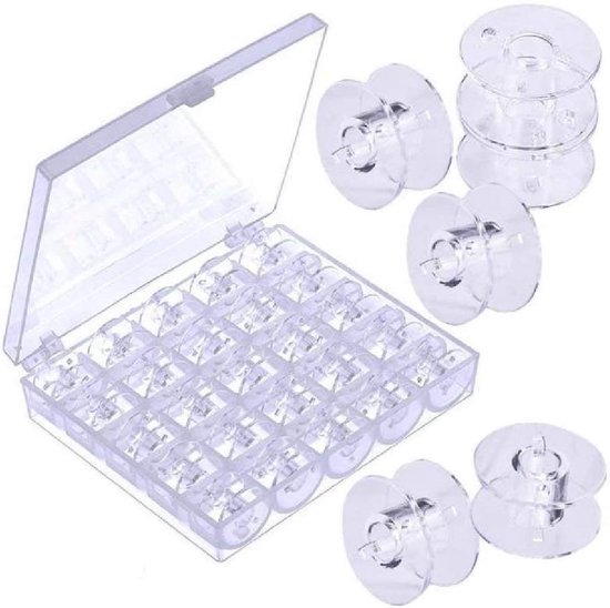 25 x Doorzichtige plastic naaimachinespoelen met doos naaien spoelen klossen voor huishoudelijke naaimachine Brother Janome Singer Elna Babylock Kenmore Pfaff enz
