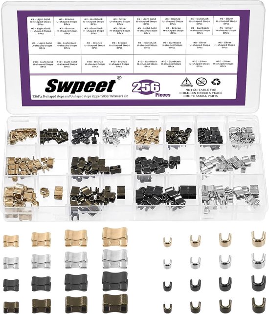256Pcs 4 Kleuren Ritssluiter Retainers Kit - U Shape Top Stops - H Shape Bottom Stops - Ritssluiter Stop Reparatie Set - Ritssluiter Stopper Vervanging voor Tassen Coats Rescue van Merkloos