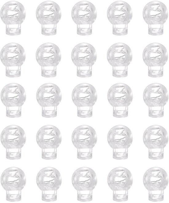 25pcs Clear Round Ball Cord Locks, Single Hole Spring Cord Lock, Elastic Cord Adjuster, Spring Loaded Cord Lock, End Spring Rocker Stop for Use with Drawcords in Shoelaces,, White van Merkloos