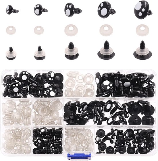 260 stuks 8 mm 10 mm 12 mm 14 mm 16 mm hars kunststof veiligheidsogen met ringen assortiment kit, plastic poppenogen ambachtelijke ogen zwart gevuld speelgoed ogen voor pop, pop, pluche dieren maken