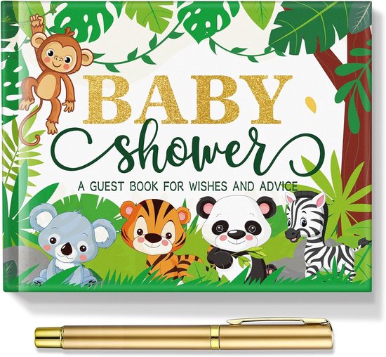 27 stuks jungle safari babyshower gastenboek set babyshower login gast bos babyshower boek plaats tafelkaarten met gouden pen zelfklevende fotohoek voor verjaardag babyshower, 100 pagina's