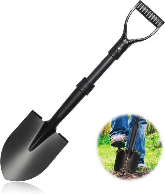 28 inch schoppen om zwaar te graven, kleine schop met D-handvat, puntige schop voor kamperen, randen, strandzand, metalen tuinschep met glasvezelschacht, draagbare mini-schep, zwart