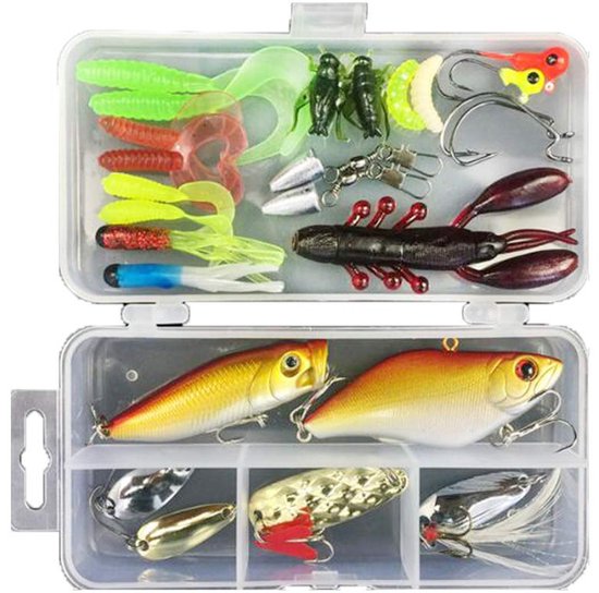 28 stuks vissen lokken, vissen lokken kits met zachte en harde lokken lokaas, plastic wormen, crank aas, garnalen (inclusief tackle box)