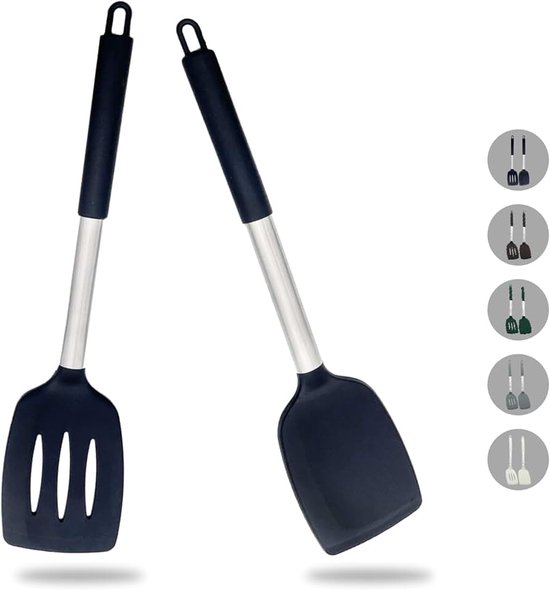2er Set Robuste, Antihaftbeschichtete Silikon Pfannenwender - Hitzebeständig und BPA-frei - Ideales Kochutensil für Fisch, Eier und Pfannkuchen in stilvollem Schwarz