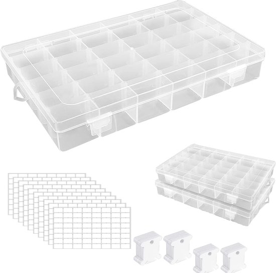2Pack 36 Grids Plastic Borduurwerk Floss Opbergdoos - Kruissteek opbergdoos met 200 floss klossen, 8 vel blanco stickers