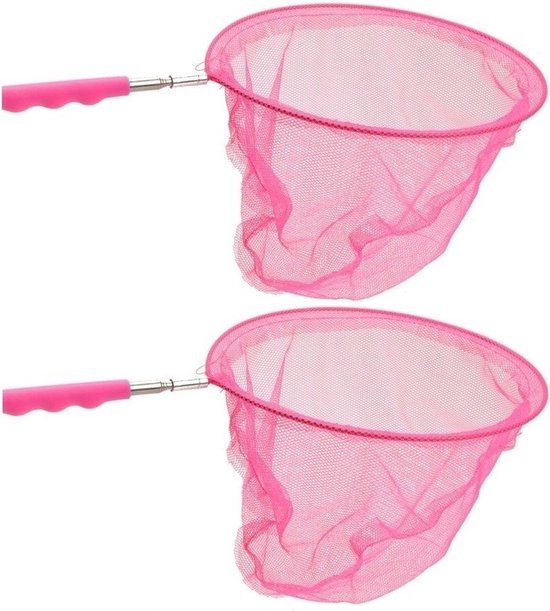 2x Roze uitschuifbaar visnetten/vlindernetten 36 cm - Visnetje/schepnetje/vlindernetje - Buiten speelgoed van Merkloos
