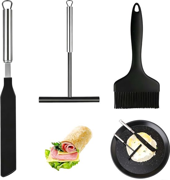 3-delige deegdispenser van roestvrij staal en spatel van siliconen, olieborstel, pannenkoekenset, spatel voor cake, crème, pan, keuken, verdeel pannenkoekendeeg