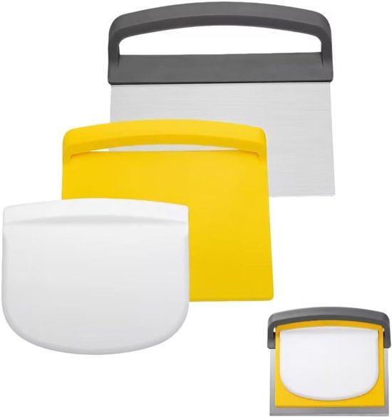 3-delige deegschraperset, deegschraper roestvrij staal/deegkaart kunststof, 3-in-1 deegsnijder en deegspatel, keukenschraper voor brood, pizza-accessoires, deegportioneren, gladmaken, snijden in de