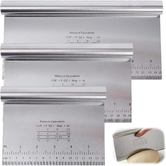 3-delige set roestvrijstalen deegschrapers, deegkaart groot, deegspatel, deegscheider, deegsteker, 15/20/25cm, metaal, bakgerei met schaalverdeling, keukenhulp