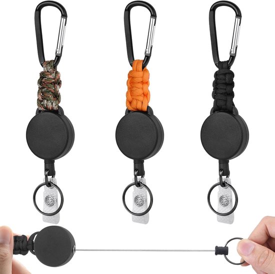 3-Delige Uittrekbare Badge Reel met Stevige Carabiner Sleutelhanger en 60cm Staal Draad voor ID Kaarthouder en Toegangsbadge van Merkloos