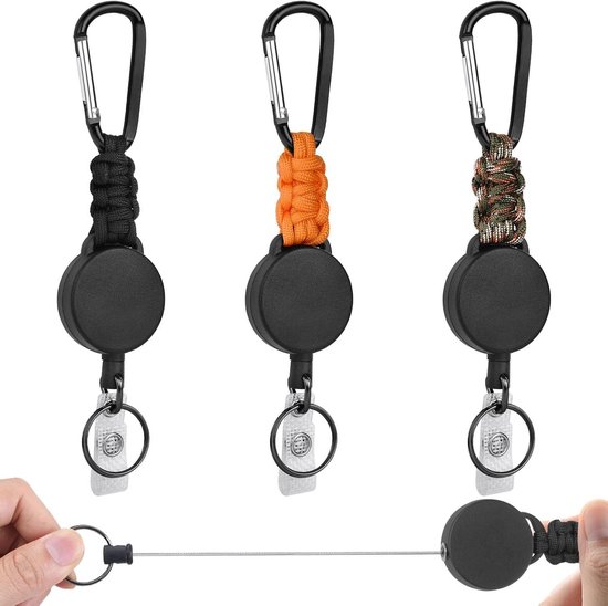 3-delige Uittrekbare Badge Reel met Stevige Karabijnhaak, 60cm Uittrekbaar Staal Draad ID Kaarthouder en Clip voor Sleutels en Toegangspassen