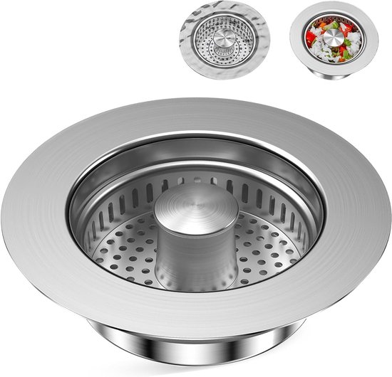 3-in-1 Afvoerstop en Afvoerzeef voor Keuken, Roestvrij Staal, Pop-up Stopper, Keukenaccessoires, Afvoeroplossingen, Keukeninrichting
