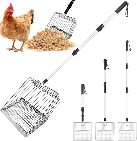 3-in-1 kippenpoepschep 57-106 cm, verstelbaar, accessoires voor kippen, scheiding van mest en zand voor kippen