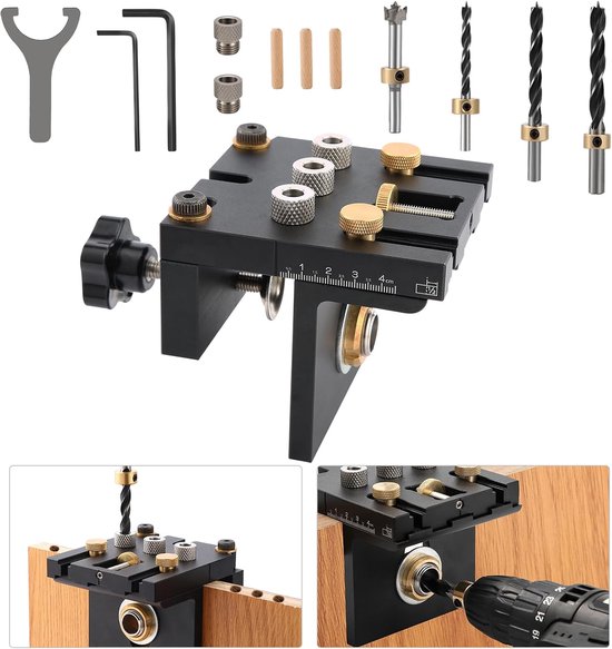 3-in-1 Pocket Hole Jig Kit, Houtbewerking Doweling Jig Kit met 6/8/10/15 mm Boortje voor Rechte Gaten, met Positioneringsclip, Instelbare Boorgeleider, Punslokalisator, Timmerwerkgereedschap