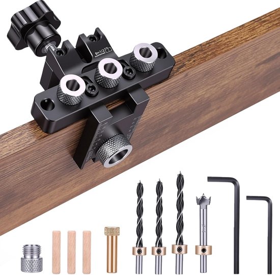 3-in-1 set, verstelbaar, aluminium, maten 8,15 mm, inclusief boor en positioneringsblok, ideaal voor houtbewerking, binnenmeubels en doe-het-zelfprojecten