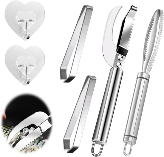 3-in-1 Visgereedschap Set met Schubbenverwijderaar, Gratin-tang en Haak - Roestvrij Staal voor Keuken, Vissen en Professioneel Gebruik, Vis Schraper en Keukenhulp van Merkloos