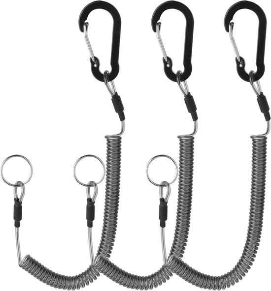 3 Pcs Spiral Key Chains - Outdoor Spiral Cable - Elastic Fishing Cords - Retractable Safety Rope - Rod Holder Cable - Accessoires met Aluminium Legering Clip voor Pliers (Zwart) van ThxToms