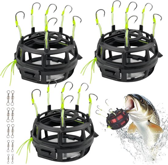 3-Piece Fishing Tackle Set: 360° Feed Basket 6 Multi-Angle Hooks Trout Bait with Swivel – Feeder Accessories for Zander Perch Pike Trout Saltwater And Freshwater Fishing