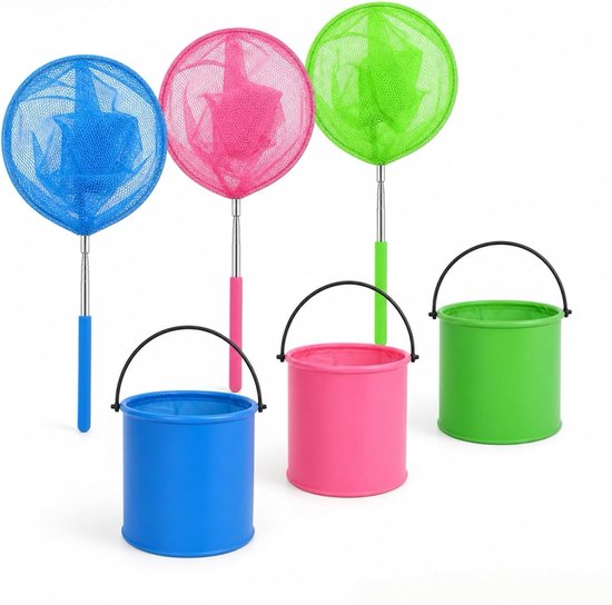 3 pieces telescopic landing net and 3 pieces foldable bucket set, 85cm extendable butterfly net for children, ideal - ShopVlot