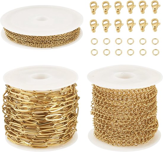 3 Reels Gouden RVS Paperclip Kettingen met Ovalen Schakel, Kralen en Sluitingen voor Sieraden Maken