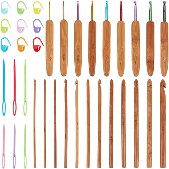 3 sets bamboe haaknaalden met 27 stuks, inclusief plastic breinaalden en steekmarkeringen voor handgemaakt breiwerk en haken van truien en accessoires