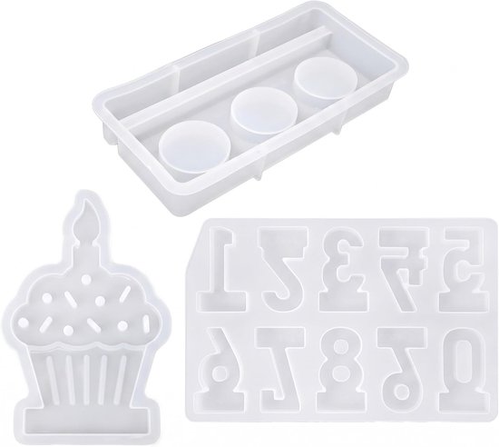 3 siliconen kaarsvormen, complete set, kaarsvorm, rechthoekige sokkel, 3 plaatsen, cupcakevorm en cijfers 0-9 voor verjaardagsfeesten, doe-het-zelf decoraties en kunstcreaties