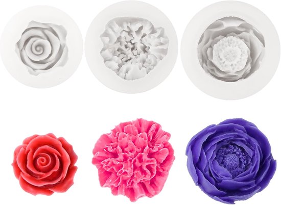 3 stuks 3D grote en kleine pioenrozen, anjers, rozen, bloemvormen siliconen, siliconen kaarsvormen, chocoladebakvormen maken voor verjaardag (pioen, anjer, roos)