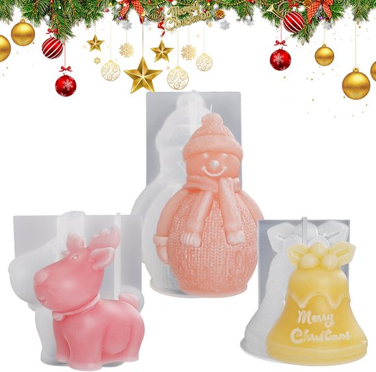 3 stuks 3D siliconen vormen Kerstmis, siliconen vorm kerstkaarsenset, siliconen vorm 3D sneeuwpop, hert, bel, kerstkaarsenbekers vormen voor het maken van kandelaars