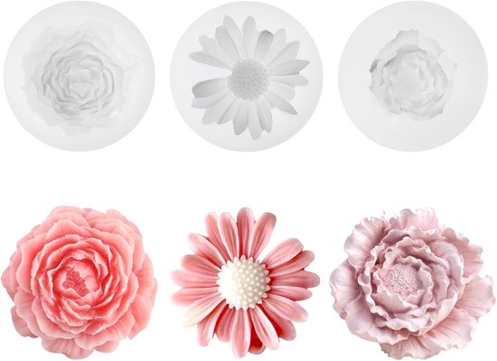 3 Stuks 3D Siliconenvorm Bloemen, Bloemen Siliconenvorm, Madeliefjes, Pioenrozen, Camellia's Bloemenvorm om te Gieten voor Doe Het Zelf Kaarsen en Zeep