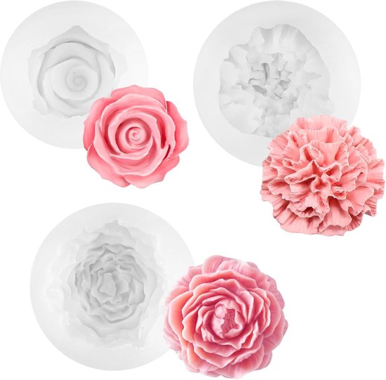 3 Stuks 3D Siliconenvorm Bloemen, Kaarsvormen om te Gieten, Rozen | Anjer, Pioenroos, Siliconen Kaarsvormen Bloemen, Siliconen Pioen Bloem Mallen, 3D Mini Bloem Kaars Mallen, voor Taarten, Zeep
