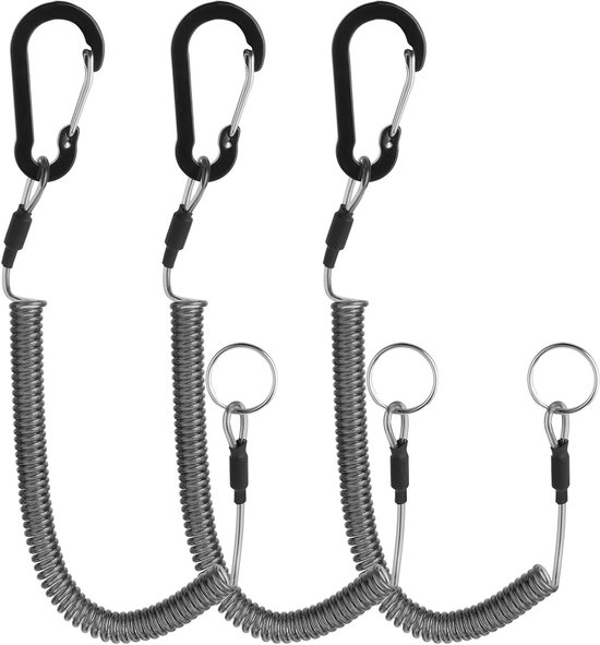 3 Stuks Coiled Lanyard Heavy Duty Veiligheid Koord Retractable Hengel Leash Accessoires met Aluminium Clip voor Pliers en Boot- en Kajakgebruik (Zwart)