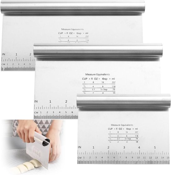 3 stuks deegkaart antiaanbaklaag roestvrij staal 15/20/25 cm deegsnijder roestvrij staal deegspatel met maatschaalverdeling deegspatel keukenschraper voor het snijden van portioneren voor cake, pizza