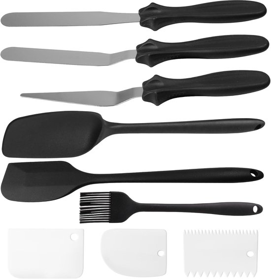3 stuks deegschraper siliconen set met oliekwast, 3 roestvrij stalen hoekpaletten voor crème, hittebestendige siliconen spatel, keuken met 3 witte deegkaarten, kooklepels siliconen voor spread boter
